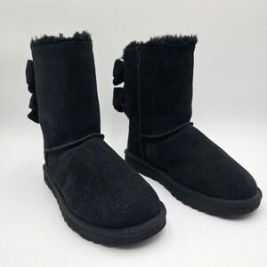 UGG Bailey Bow II Black Suede Sheepskin Boots Women's 8